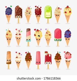 A set of ice cream in a cone and on a stick made in kawaii style, with fruit. Ice cream has different fillers, pistachio, coffee, vanilla, banana. Lovely faces and smiles show their good mood.