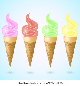 Set of Ice cream in the cone on blue background	