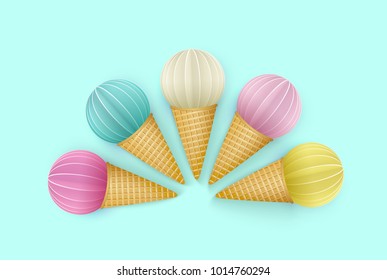 Set of ice cream cone, Punchy Pastels style. Isolated Objects for Advertising ice cream, Vacation, Summer time. Paper cut. Vector Illustration.
