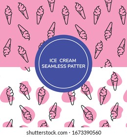 Set of ice cream cone seamless hand drawn original patterns.