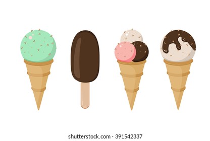 Set of Ice cream in the cone. Vanilla sweet ball of pink, white, pistachio, chocolate refreshing frozen ice cream summer food vector illustration. Refreshing frozen ice cream set of summer food.