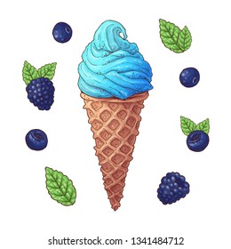 Set of Ice cream cone vector illustration. Stroberry, Blueberry ice cream