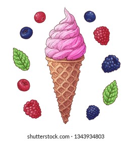 Set of Ice cream cone vector illustration. Stroberry, Blueberry and raspberry blackberry ice cream