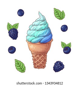 Set of Ice cream cone vector illustration. Stroberry, Blueberry ice cream