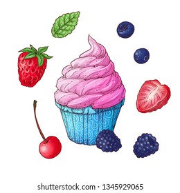 Set of Ice cream cone vector illustration. Stroberry, Blueberry and raspberry cherry ice cream