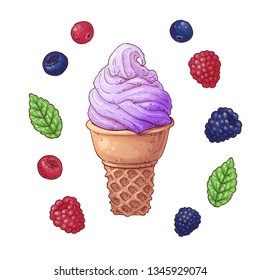 Set of Ice cream cone vector illustration. Stroberry, Blueberry and raspberry blackberry ice cream