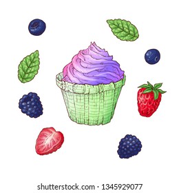 Set of Ice cream cone vector illustration. Stroberry, Blueberry and raspberry blackberry ice cream