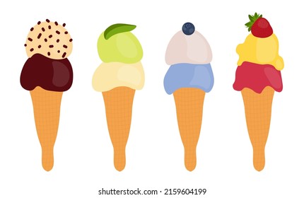 Set of ice cream cone, vector illustration. Flat design. Frozen food, vector elements collection. Mint leaf, chocolate and berries