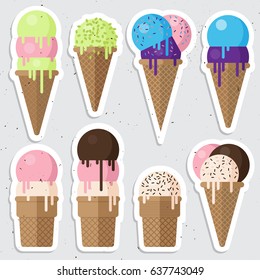 Set of Ice cream cone vector stickers. Ice cream flat illustration