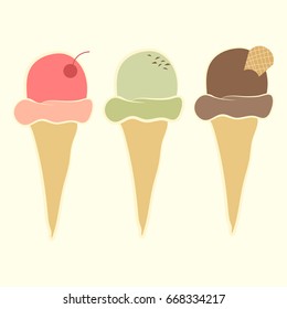 Set of ice cream cone vector flat illustration. Cherry, chocolate and mint ice creams in wafer vanilla cones.