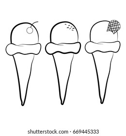 Set of ice cream cone vector flat illustration. Cherry, chocolate and mint ice creams in wafer vanilla cones