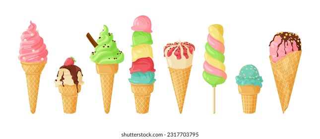 A set of ice cream in a cone, waffle cone and on a stick. Vector illustration