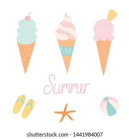 Set of ice cream cones and beach items