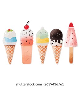 A set of ice cream cones and bowls with different flavors and toppings.