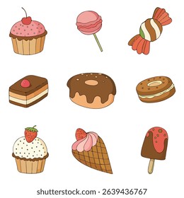 A set of ice cream cones and bowls with different flavors and toppings.