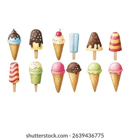 A set of ice cream cones and bowls with different flavors and toppings.