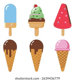 A set of ice cream cones and bowls with different flavors and toppings.