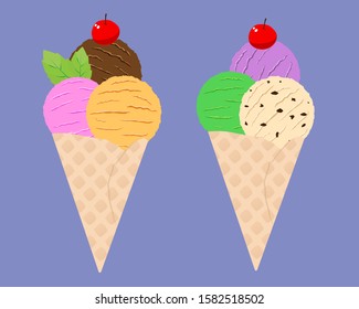 Set of ice cream cones with cherry and fresh mint on top vector illustration.