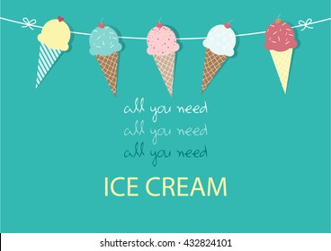 Set of ice cream cones. Design card. Vector illustrations