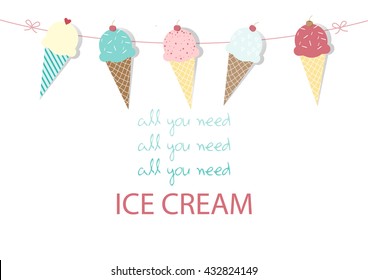 Set of ice cream cones. Design card. Vector illustrations