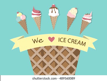 Set of ice cream cones. Design card. Vector illustrations
