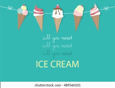 Set of ice cream cones. Design card. Vector illustrations