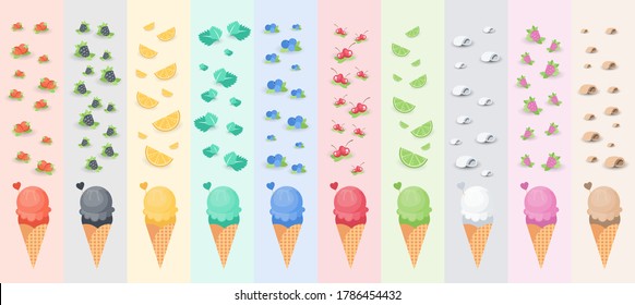 A set of ice cream cones with different flavors. Ice cream is made in the vector, the layout also contains a set of fruits, lemons, strawberries, cherries. You can collect ice cream for everyone