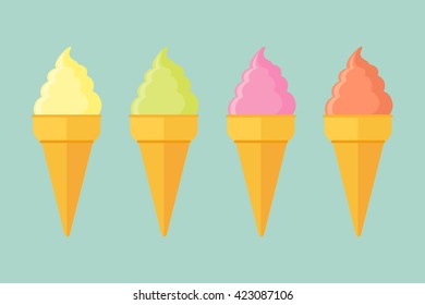 Set of ice cream cones with different flavors. Flat style vector illustration.