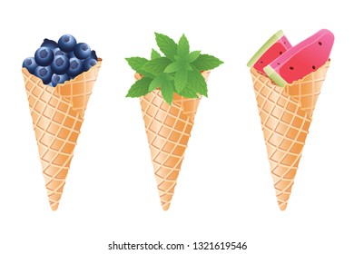 Set from ice cream cones isolated on white background. Vector
