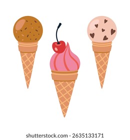 Set of ice cream cones with sprinkles, cherries and chocolate chips. Trendy modern vector illustration isolated on white background, hand drawn, flat design