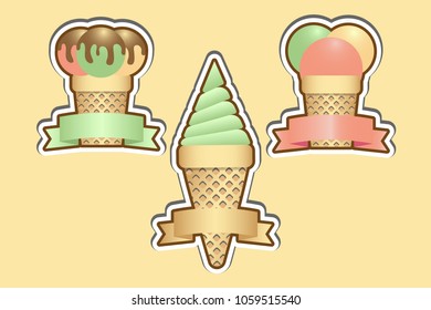 Set of the ice cream cones stickers. Vector illustration EPS10