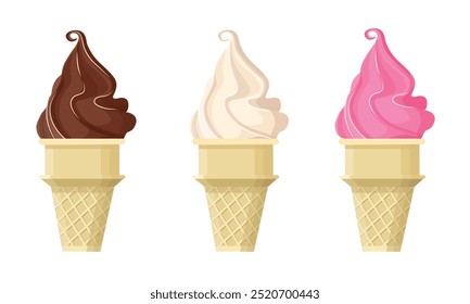 Set of ice cream cones in vanilla, strawberry, and chocolate flavors. 