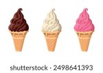 Set of ice cream cones with various flavors. Ice cream in chocolate, vanilla, and strawberry flavors. Cartoon vector illustration icons
