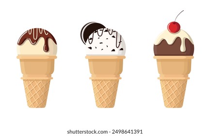 Conjunto de conos de helado con varios sabores. Helado en vainilla, galletas en crema y sabores a chocolate. Iconos de Ilustración vectorial de dibujos animados