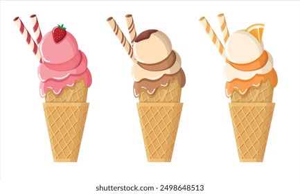 Set of ice cream cones with various flavors. Ice cream in strawberry, tiramisu, orange flavors. Cartoon vector illustration icons