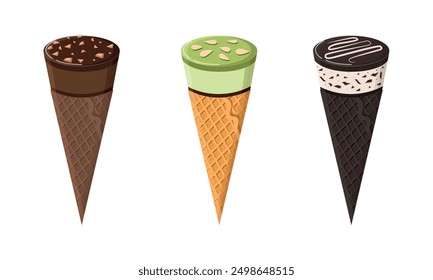 Set of ice cream cones with various flavors. Ice cream in chocolate, green tea, and cookies and cream flavors. Cartoon vector illustration icons