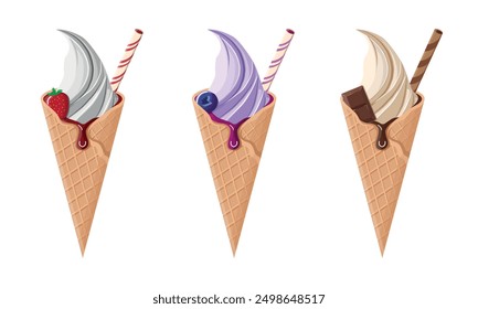 Conjunto de conos de helado con varios sabores. Helado de fresa, arándano, sabores de chocolate. Iconos de Ilustración vectorial de dibujos animados