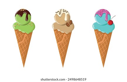 Set of ice cream cones with various flavors. Ice cream in green tea, coffee, bubble gum flavors. Cartoon vector illustration icons