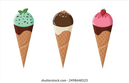 Conjunto de conos de helado con varios sabores. Helado en sabores de menta, chocolate, fresa. Iconos de Ilustración vectorial de dibujos animados