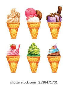 Set of ice cream cones with various flavors, toppings, and swirled designs. Vector cartoon illustration