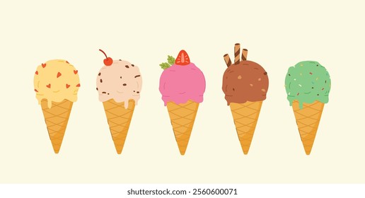 set Ice cream cones with various flavors and toppings, desserts, sweet street food for posters and web icon