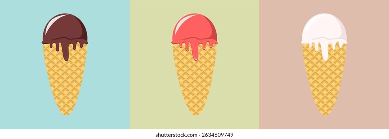 Set of ice cream cones with various flavors. Ice cream in chocolate, vanilla, and strawberry flavors. Cartoon vector illustration icons