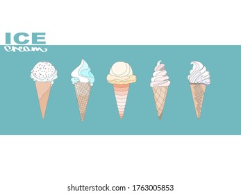 Set of ice cream cones. Vector illustration in simple flat contour style.