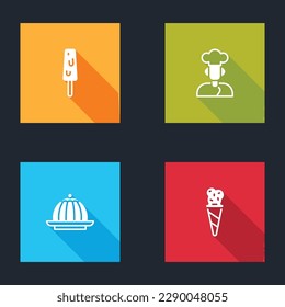 Set Ice cream, Cook, Pudding custard and waffle cone icon. Vector