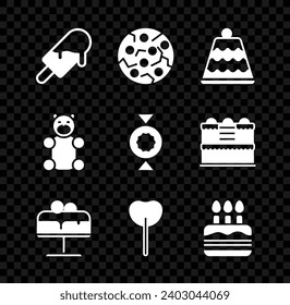 Set Ice cream, Cookie or biscuit, Cake, on plate, Lollipop, with burning candles, Jelly bear candy and Candy icon. Vector