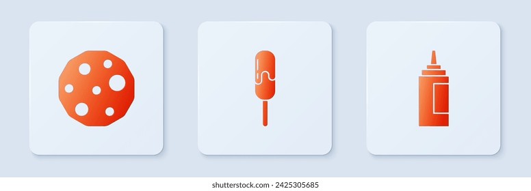 Set Ice cream, Cookie or biscuit and Sauce bottle. White square button. Vector