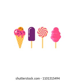 Set ice cream, cotton candy, lollipop, sundae isolated on white background. Sweet dessert kit in flat style