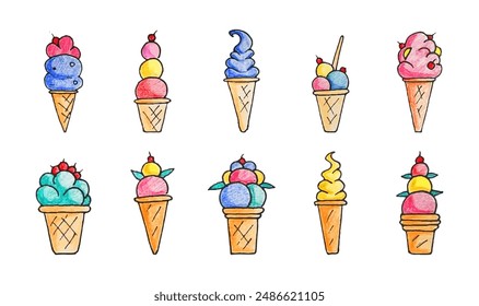 Set of ice cream crayon doodle in colors, group of frozen cream in waffle cones. Vector graphic design elements, stickers and decorations.