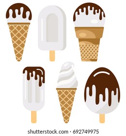 Set of ice cream. Creamy ice cream on a wooden stick  and in a waffle cup
