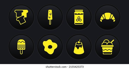 Set Ice cream, Croissant, Scrambled eggs, Pudding custard, Jar of honey, bowl and Bread toast icon. Vector